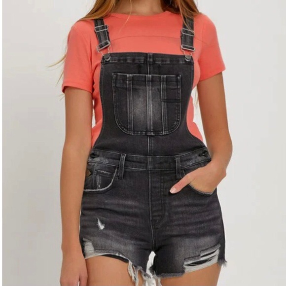 Risen Jeans Pants - Risen Medium Women's Black Denim Shortalls Overalls Shorts Distressed RDS6059